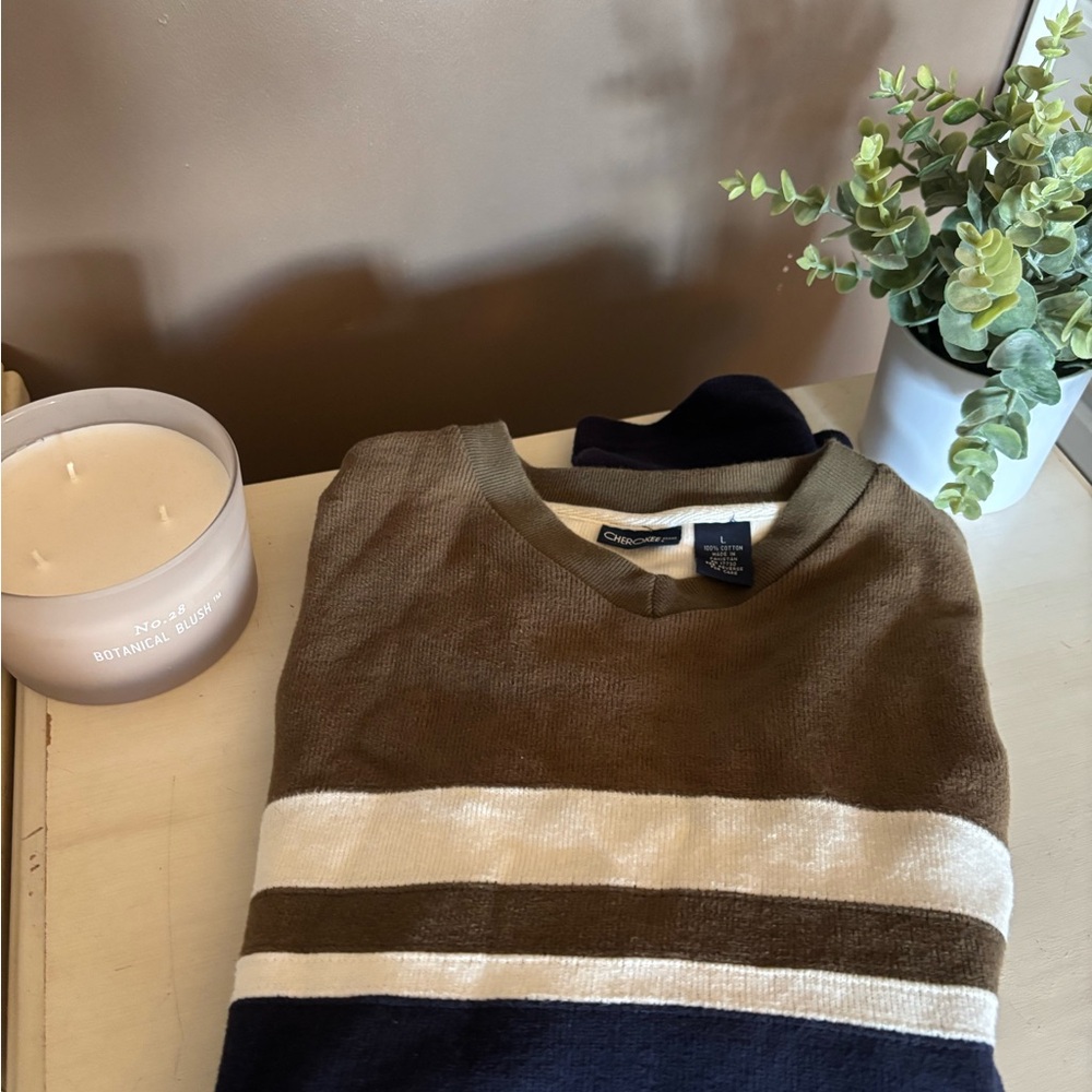 Cherokee Brown and Cream V-Neck Sweater with Classic Stripes